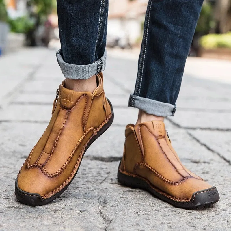 Zipper Plush Ankle Leather Orthopedic Shoes For Men Nonslip Boots