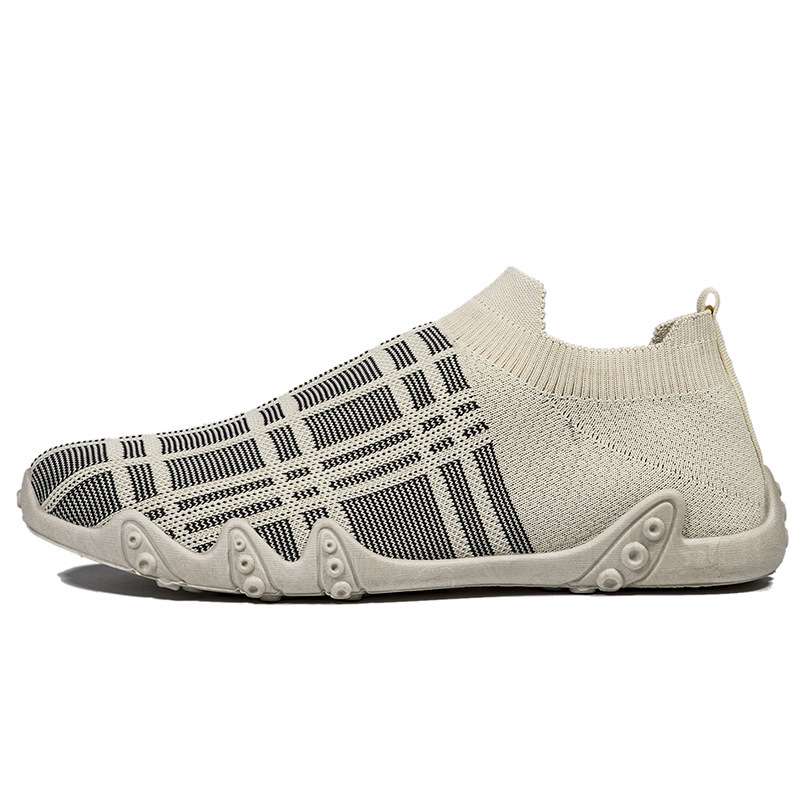 Beige Knit Patterned - Ailongcity® Slip-On Casual Sneakers: Adaptive Knit Comfort with Stylish Detailing for Everyday Versatility