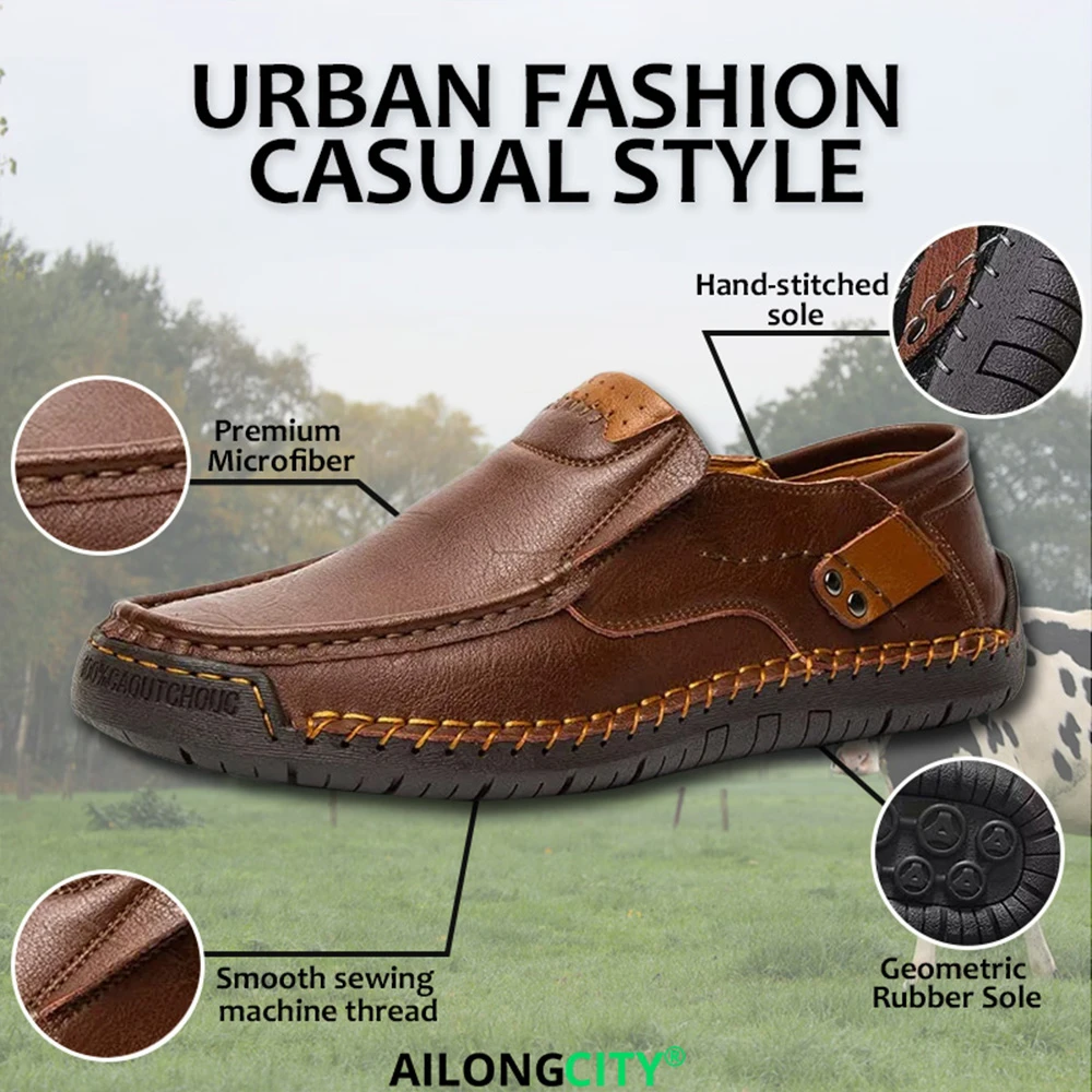 Brown Craft Loafer - Ailongcity® Timeless Leather Comfort for Effortless Daily Eleganc Men's Handmade Genuine Leather Slip-On Loafers by Ailongcity®