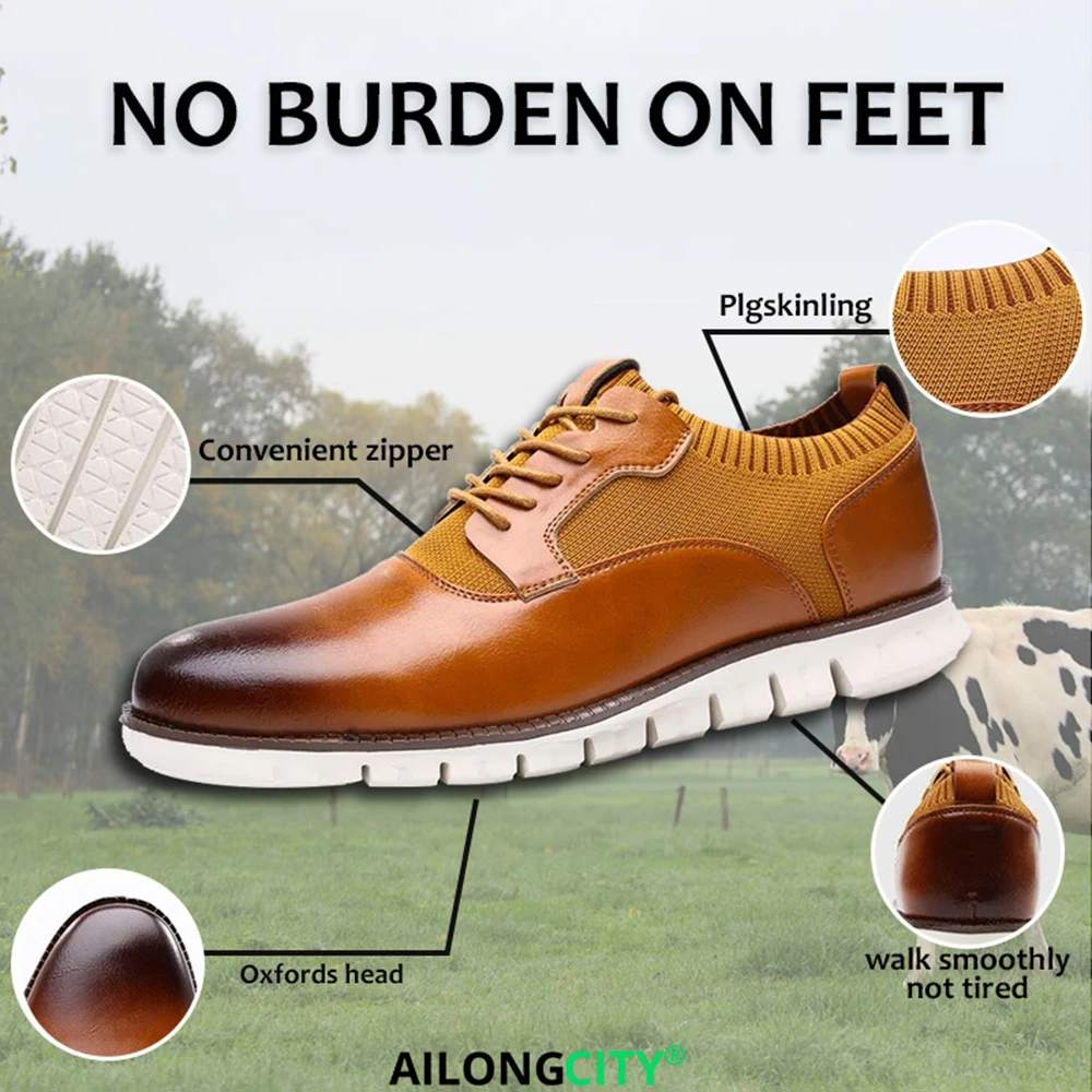 Tan Knit-Leather Hybrid Dress Sneakers: Sophistication Meets Sporty Comfort Casual Oxford Lace Up Dress Shoes