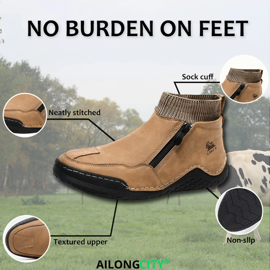 Tan Leather Knit-Collar - Ailongcity® Zip-Up Ankle Boots: Fusion of Style and Comfort with Rugged Traction for Urban Explorers
