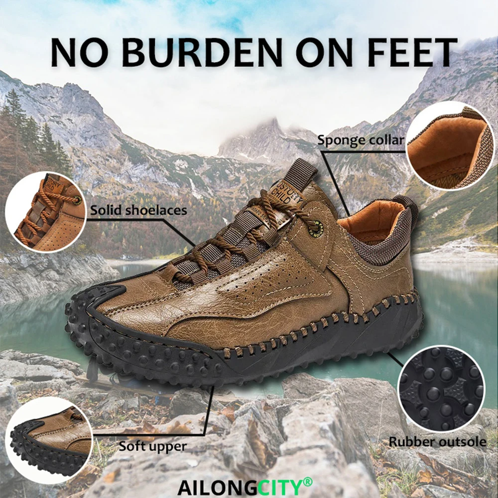 Rugged Grip - Ailongcity® Outdoor Brown Sneakers: Trail-Ready Toughness with Artisan Craftsmanship co-Friendly Leather Orthopedic Shoes