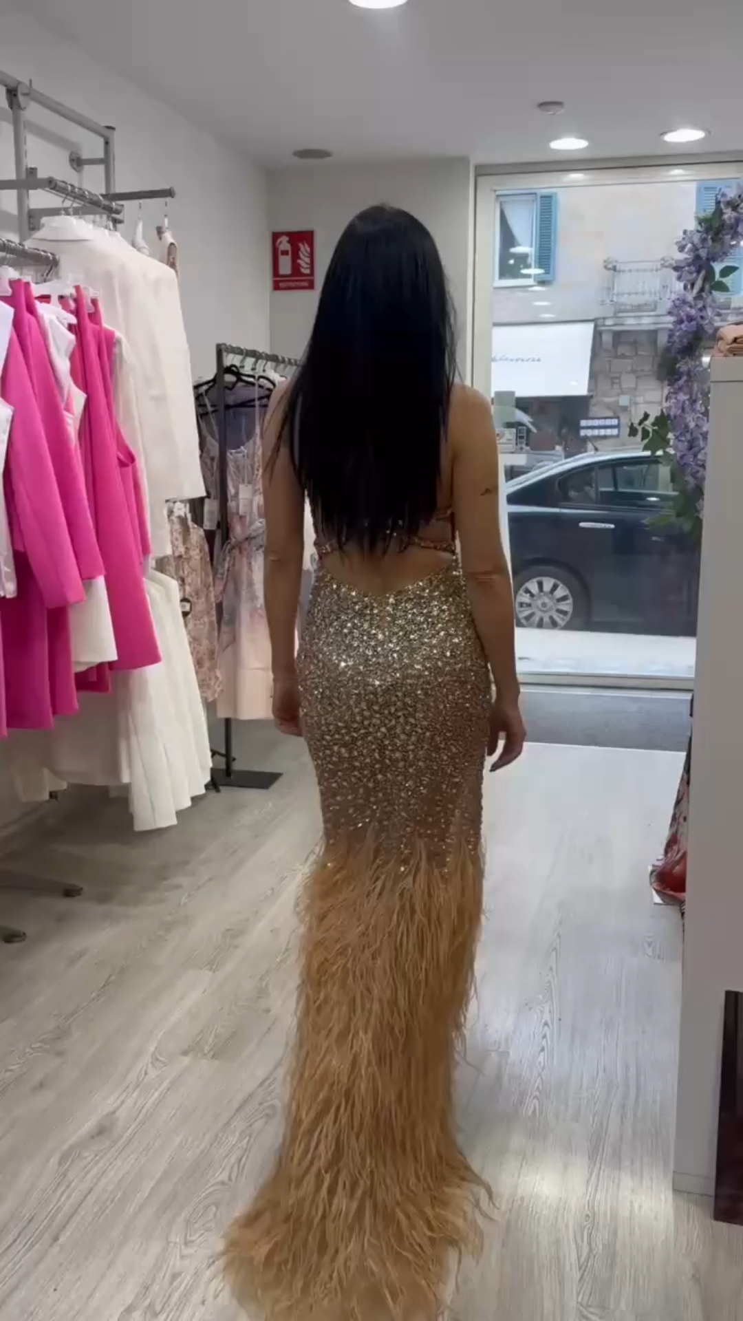 Gold Sequin Mermaid Maxi Dress with Feather Trim & Halter Neck