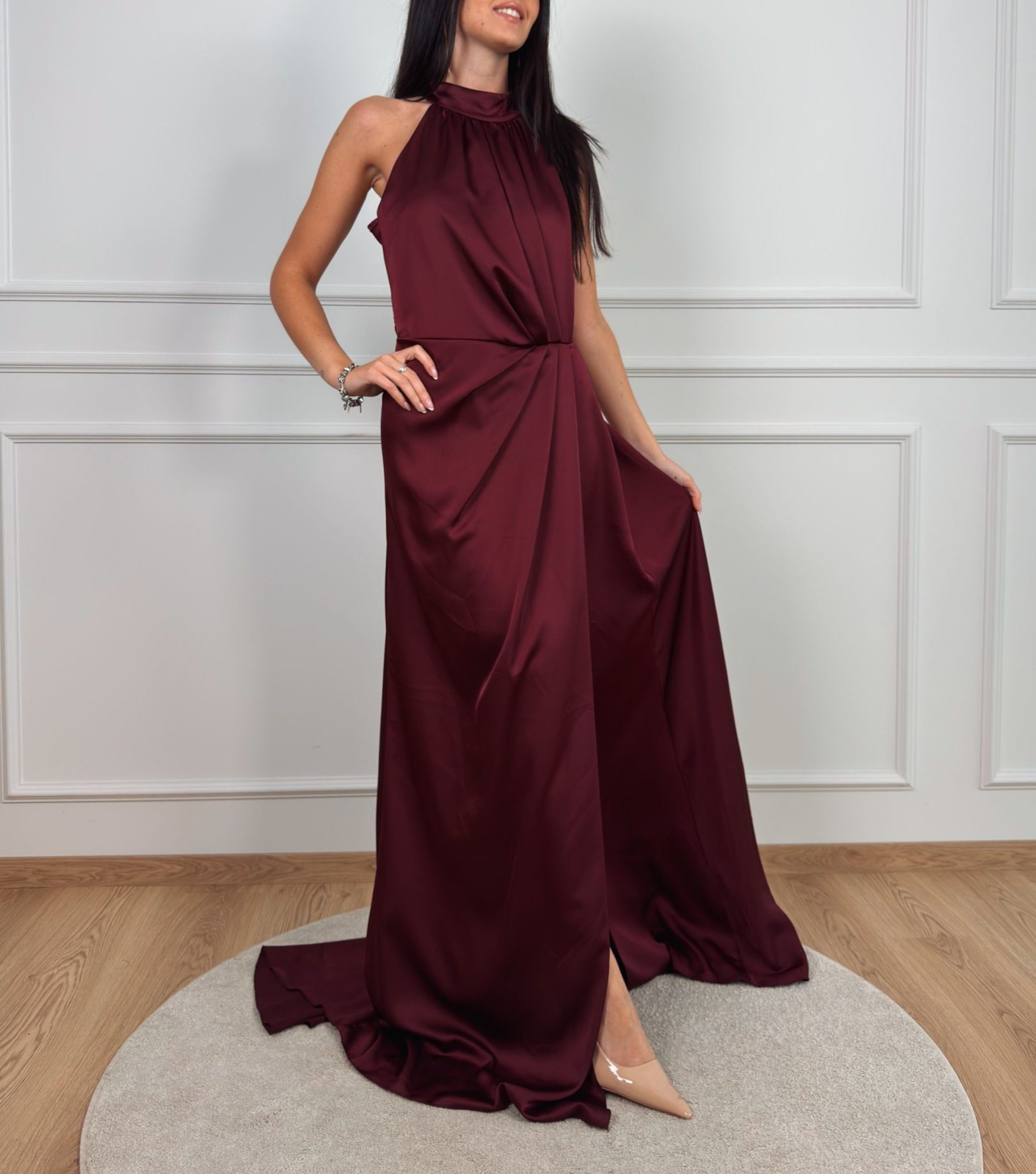 [Copy]Beige One-Shoulder Midi Dress with Back Slit & Bodycon Silhouette