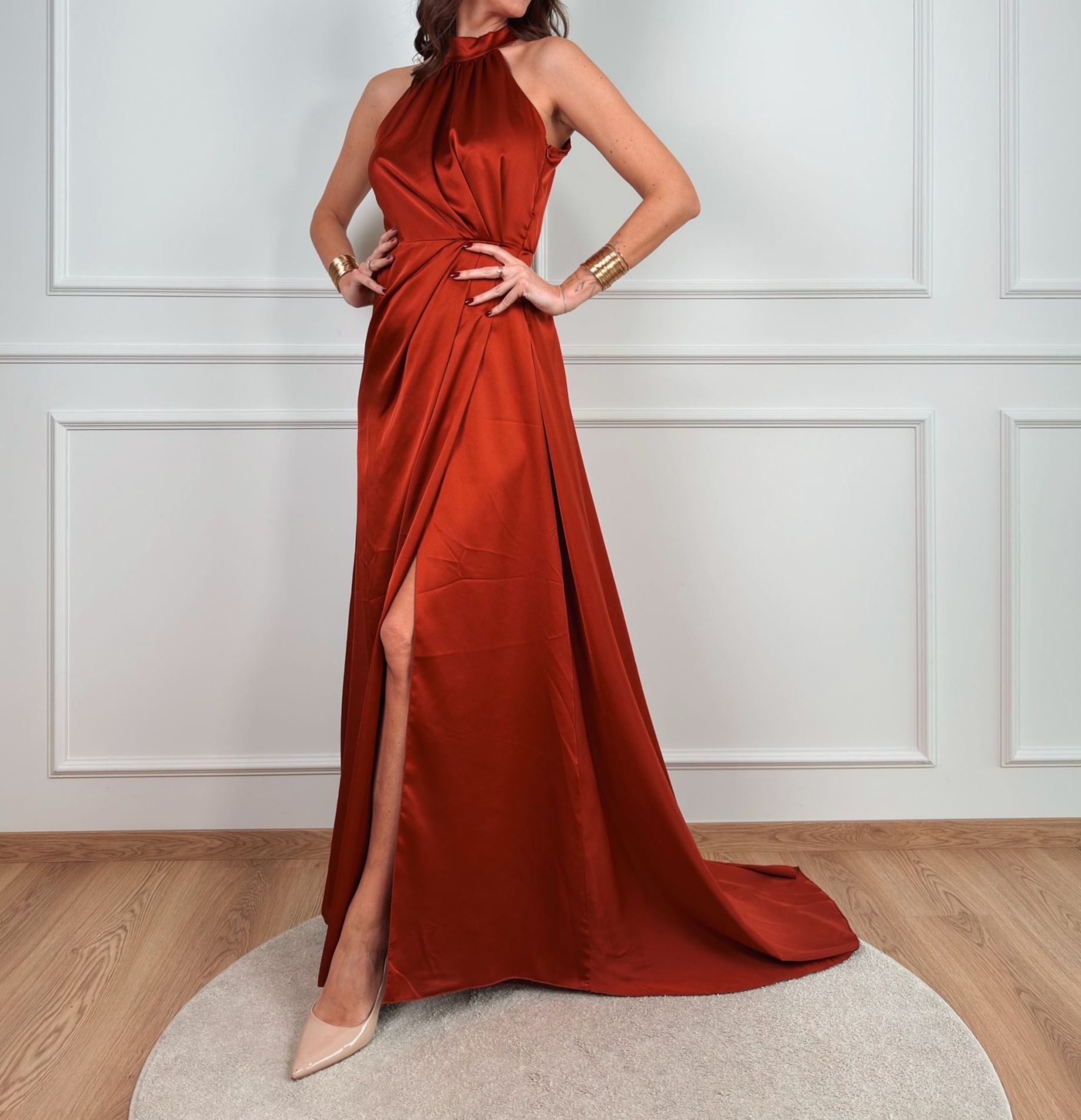 [Copy]Beige One-Shoulder Midi Dress with Back Slit & Bodycon Silhouette