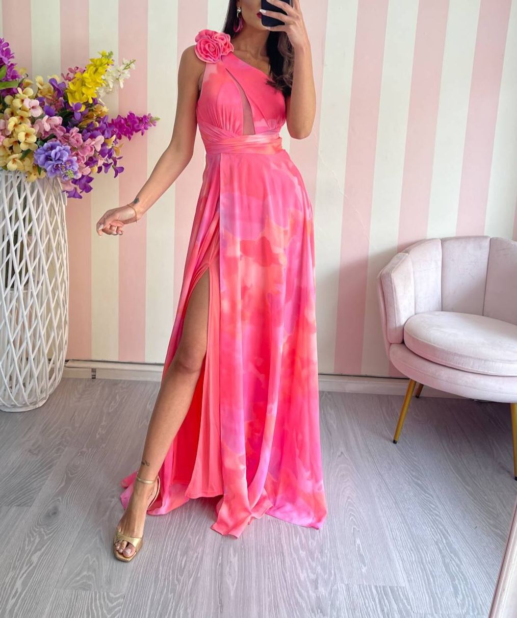 [Copy]Satin one-shoulder maxi dress with a draped scarf detail