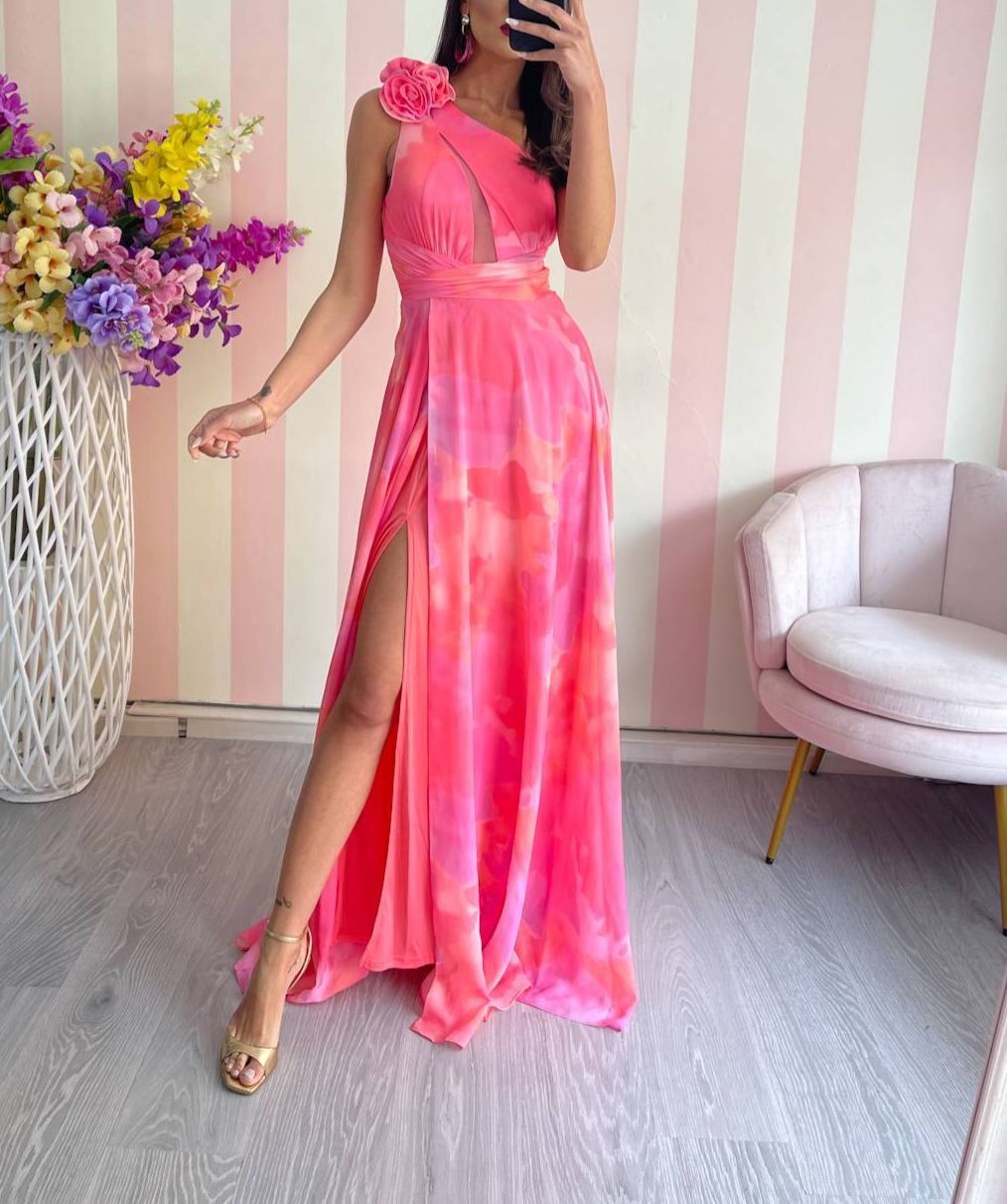 [Copy]Satin one-shoulder maxi dress with a draped scarf detail