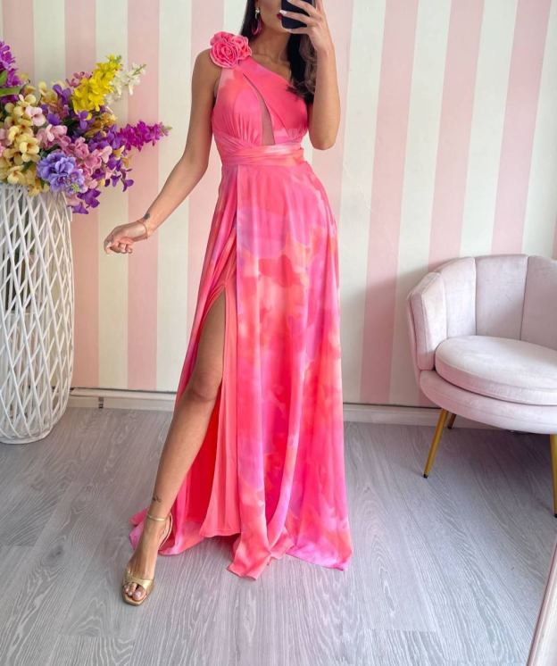 [Copy]Satin one-shoulder maxi dress with a draped scarf detail