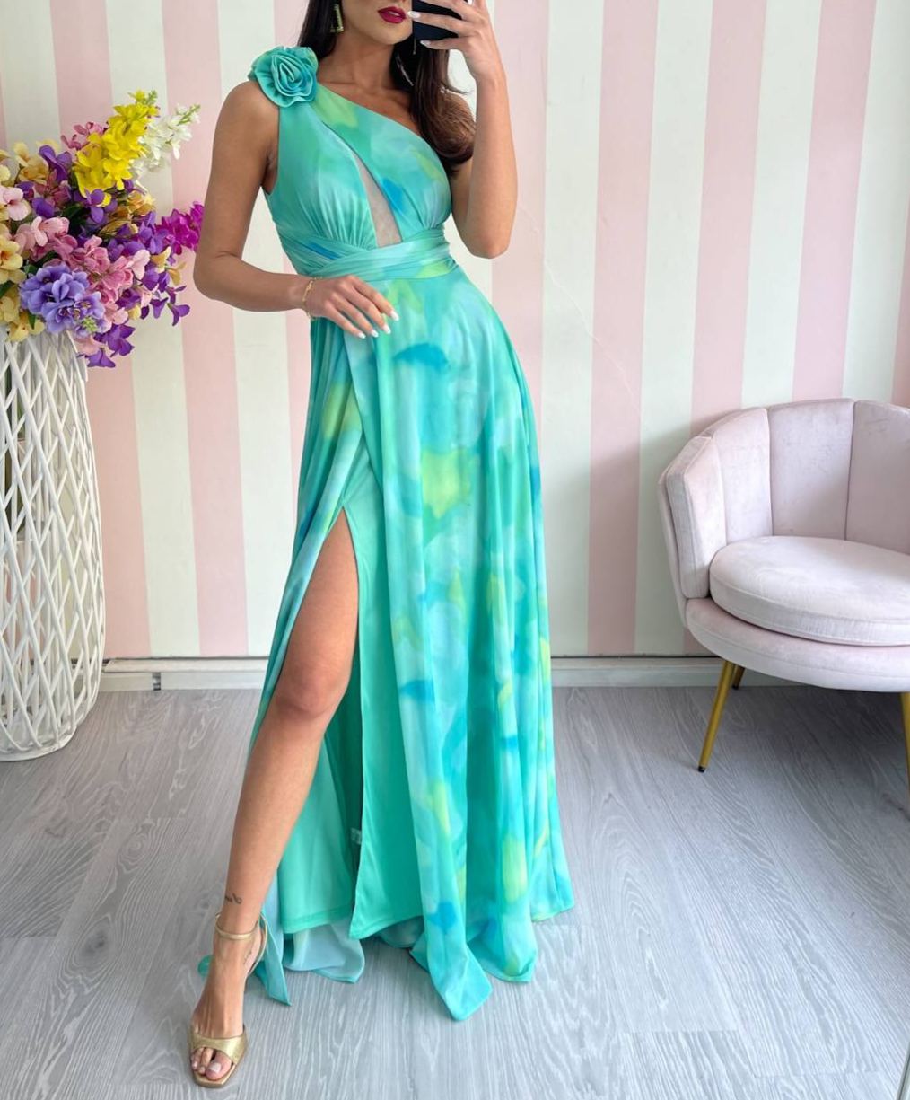 [Copy]Satin one-shoulder maxi dress with a draped scarf detail