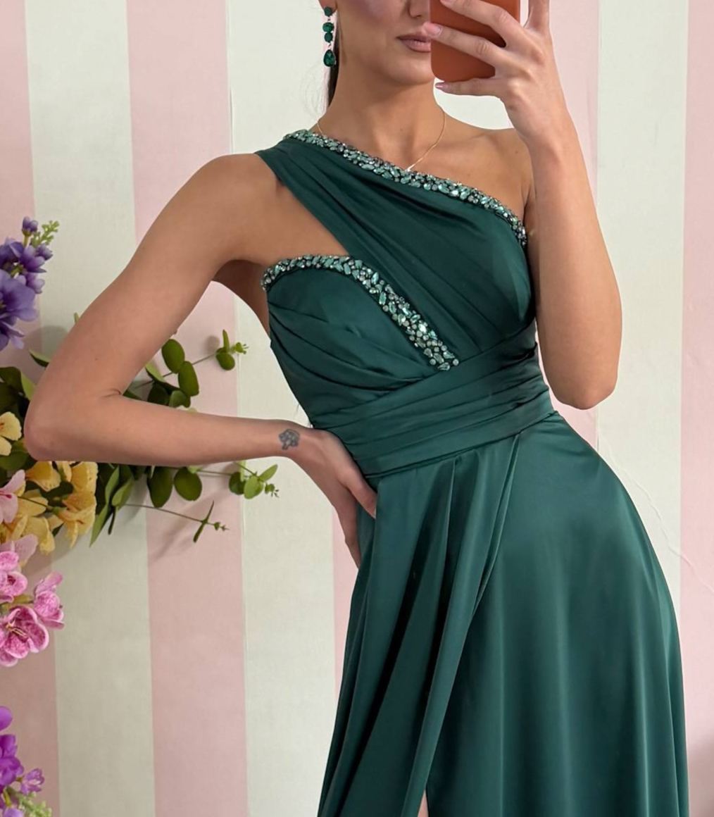 [Copy]Long one-shoulder dress with a watercolor print, featuring 3D floral appliqués and a high slit