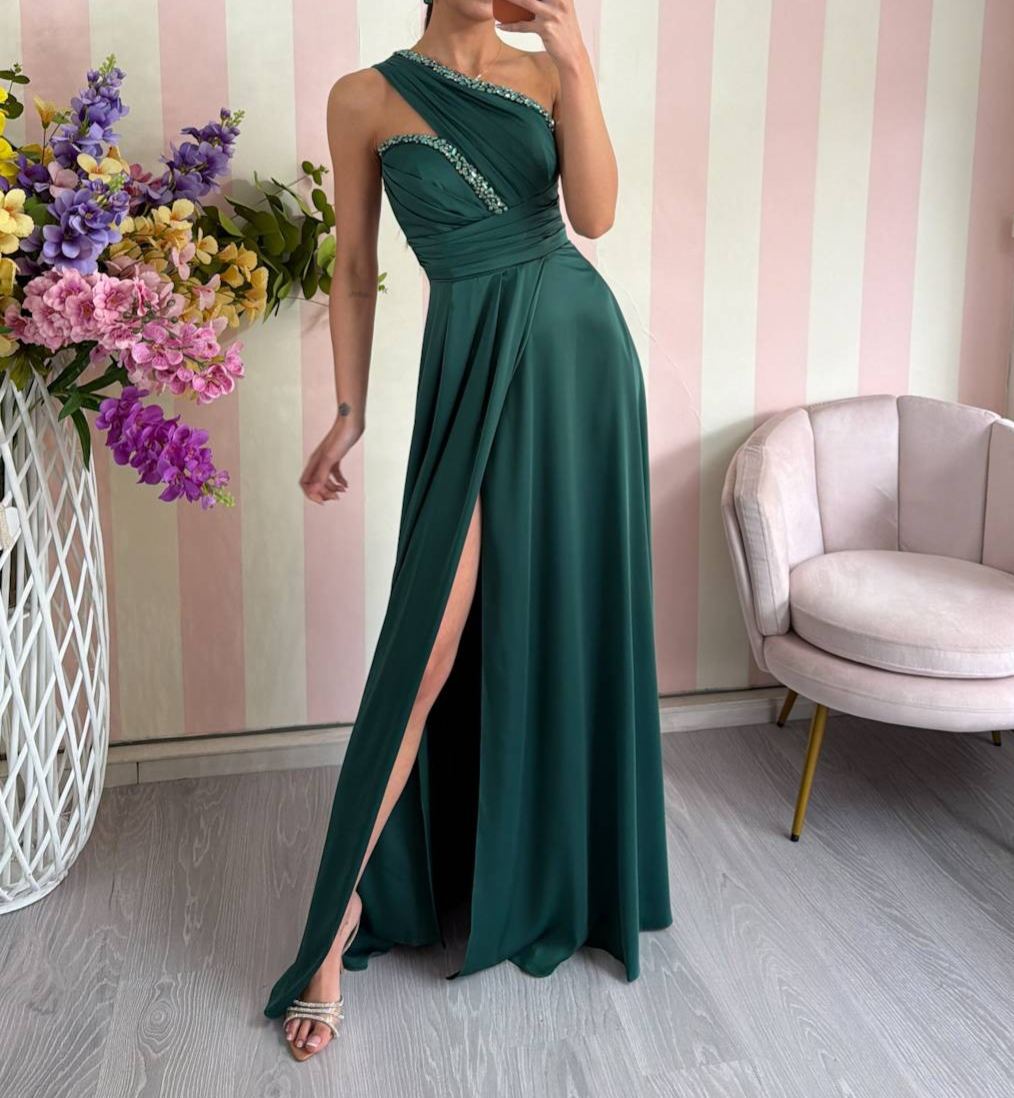 [Copy]Long one-shoulder dress with a watercolor print, featuring 3D floral appliqués and a high slit