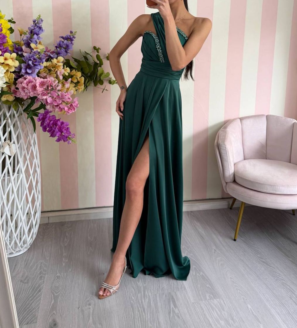 [Copy]Long one-shoulder dress with a watercolor print, featuring 3D floral appliqués and a high slit