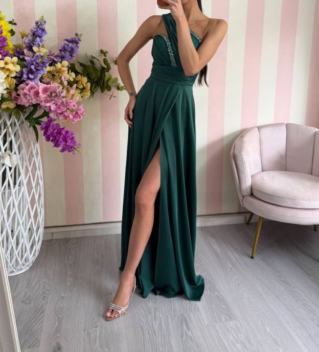 [Copy]Long one-shoulder dress with a watercolor print, featuring 3D floral appliqués and a high slit