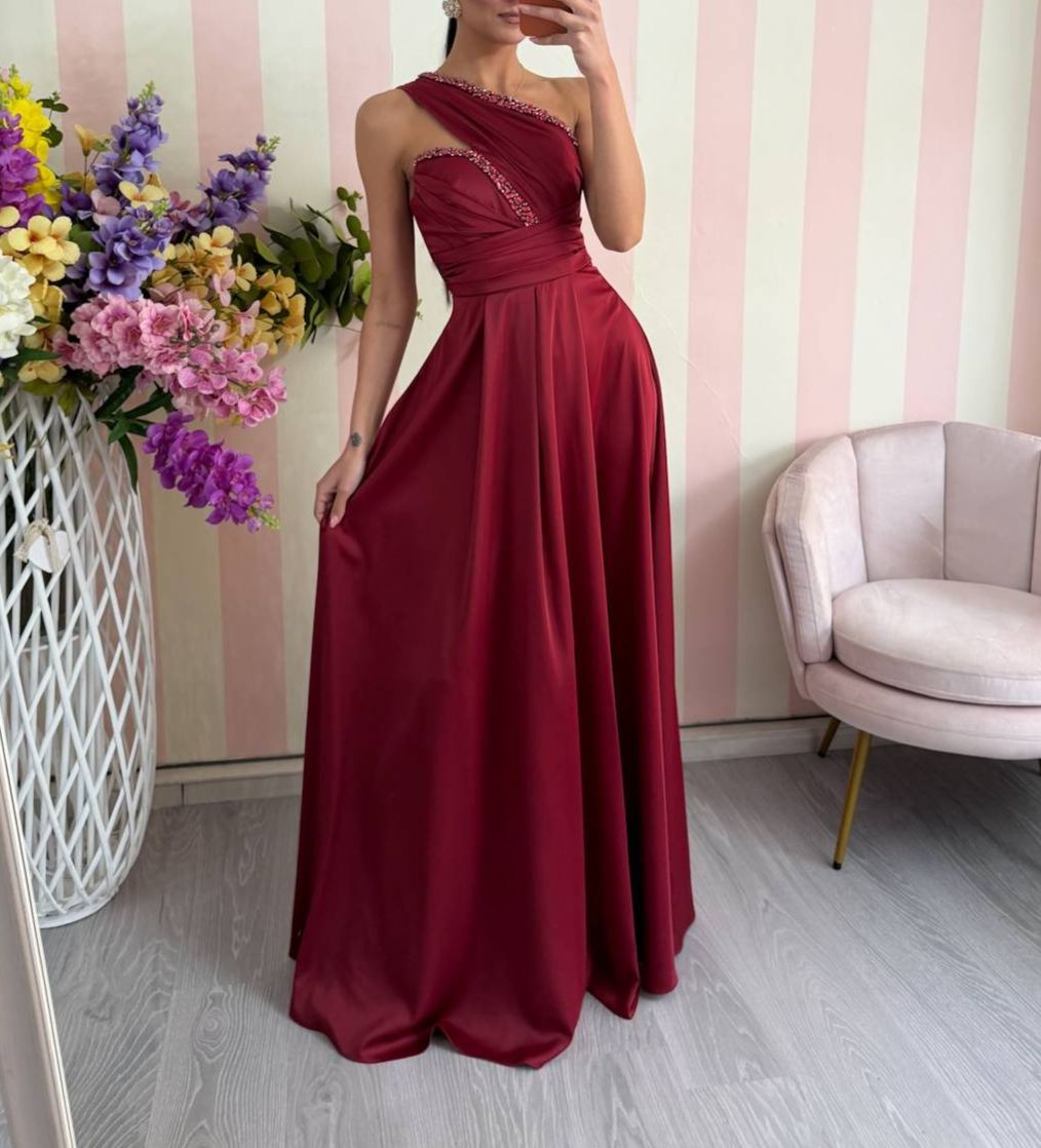 [Copy]Long one-shoulder dress with a watercolor print, featuring 3D floral appliqués and a high slit