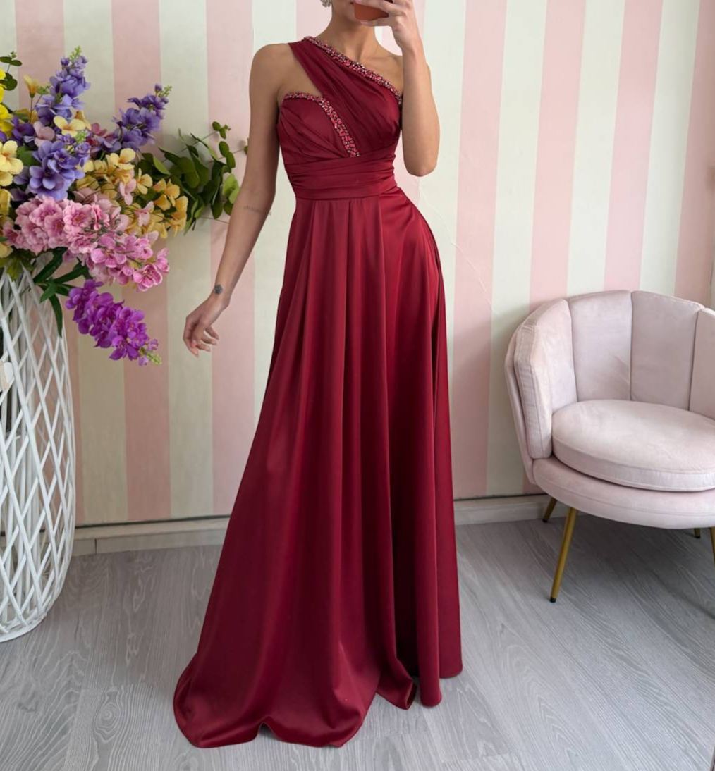 [Copy]Long one-shoulder dress with a watercolor print, featuring 3D floral appliqués and a high slit