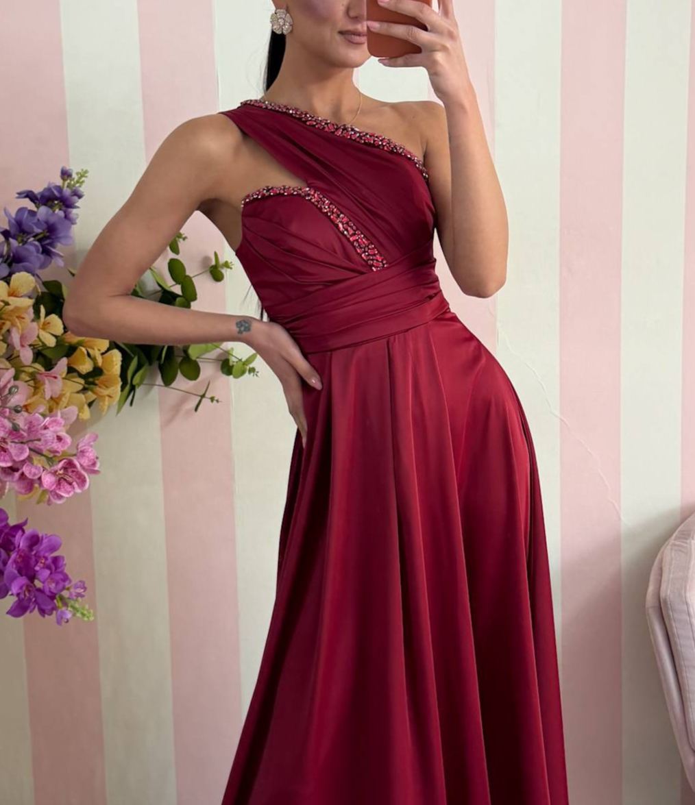 [Copy]Long one-shoulder dress with a watercolor print, featuring 3D floral appliqués and a high slit