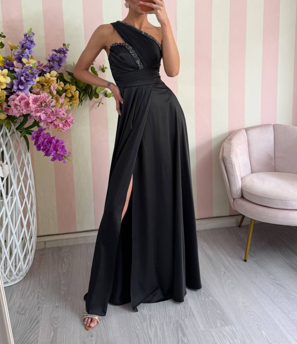 [Copy]Long one-shoulder dress with a watercolor print, featuring 3D floral appliqués and a high slit