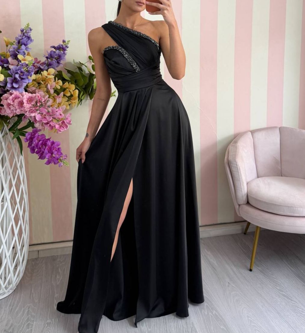 [Copy]Long one-shoulder dress with a watercolor print, featuring 3D floral appliqués and a high slit