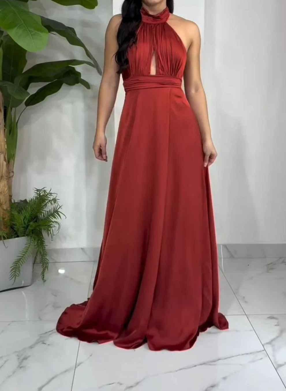 [Copy]Satin one-shoulder maxi dress with beaded trim and a high slit