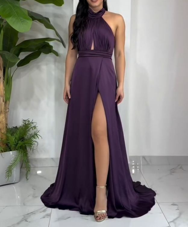[Copy]Satin one-shoulder maxi dress with beaded trim and a high slit