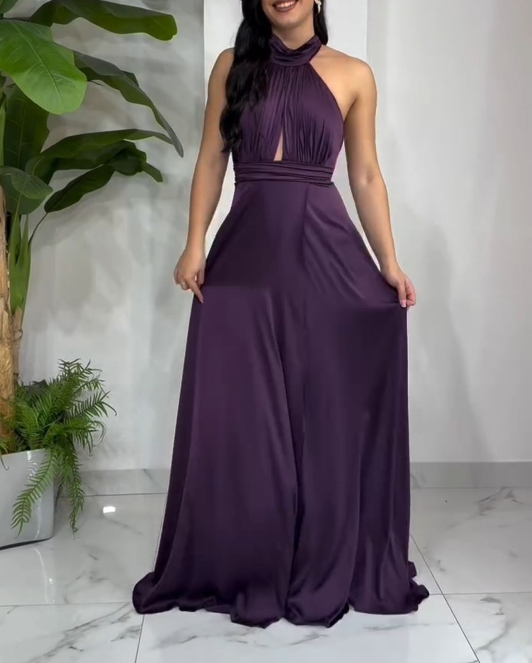 [Copy]Satin one-shoulder maxi dress with beaded trim and a high slit