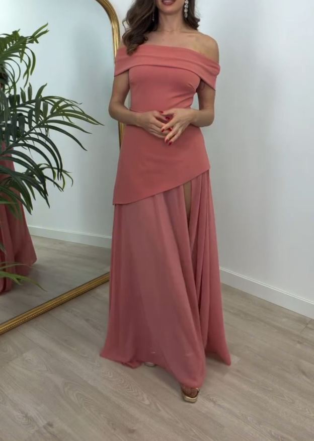 [Copy]Pleated maxi dress with cap sleeves and a V-neck