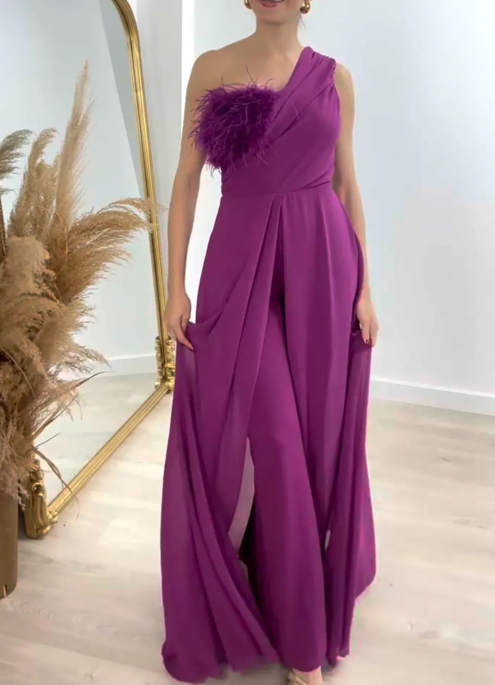 [Copy]Purple Satin High Neck Midi Dress with Ruched Waist & High Slit