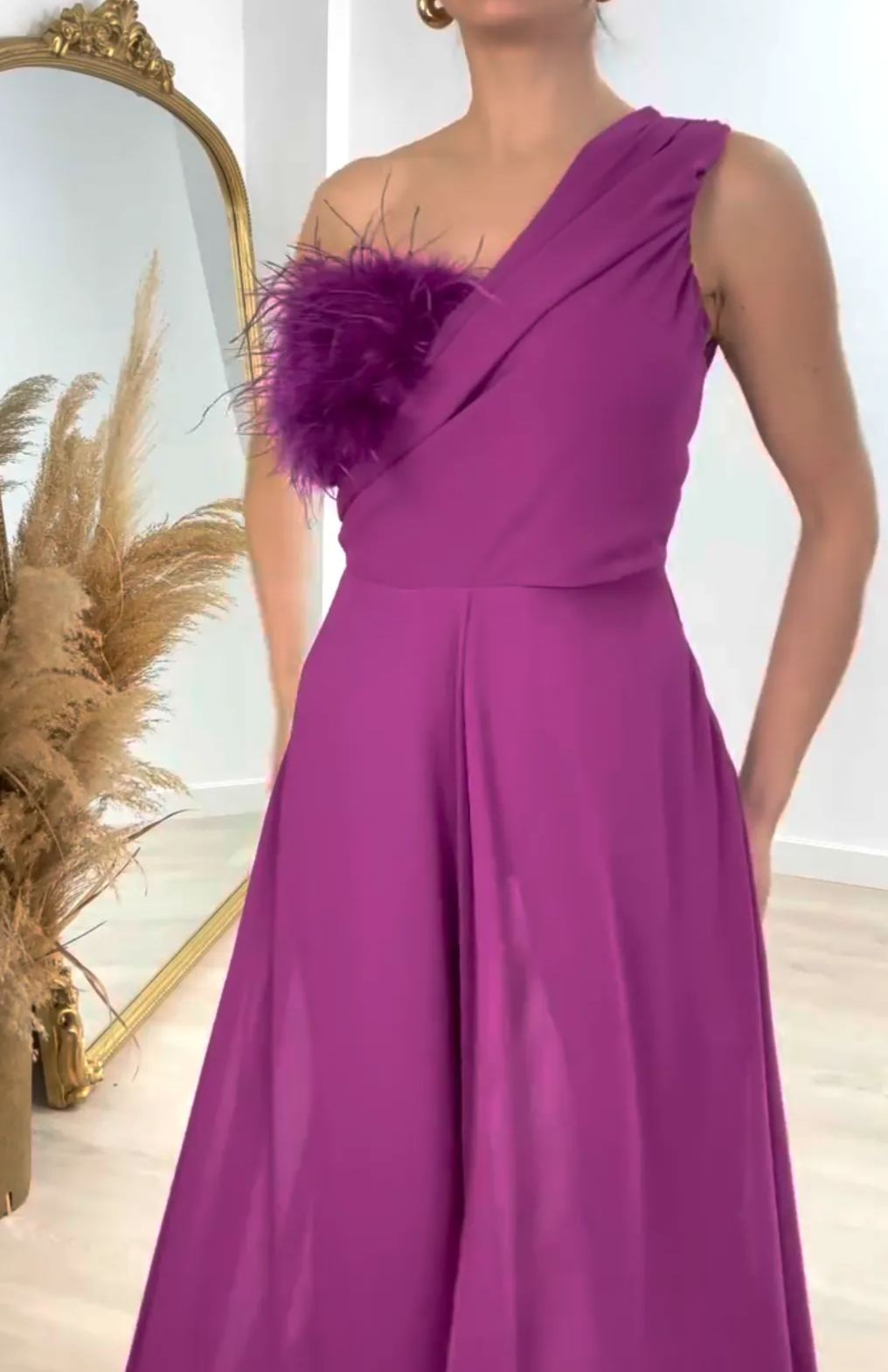 [Copy]Purple Satin High Neck Midi Dress with Ruched Waist & High Slit