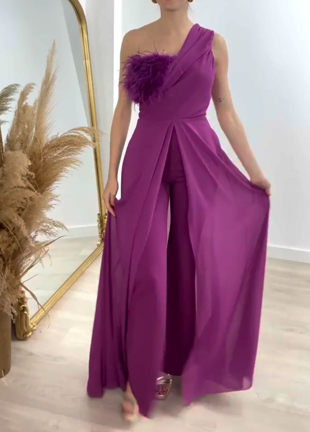 [Copy]Purple Satin High Neck Midi Dress with Ruched Waist & High Slit
