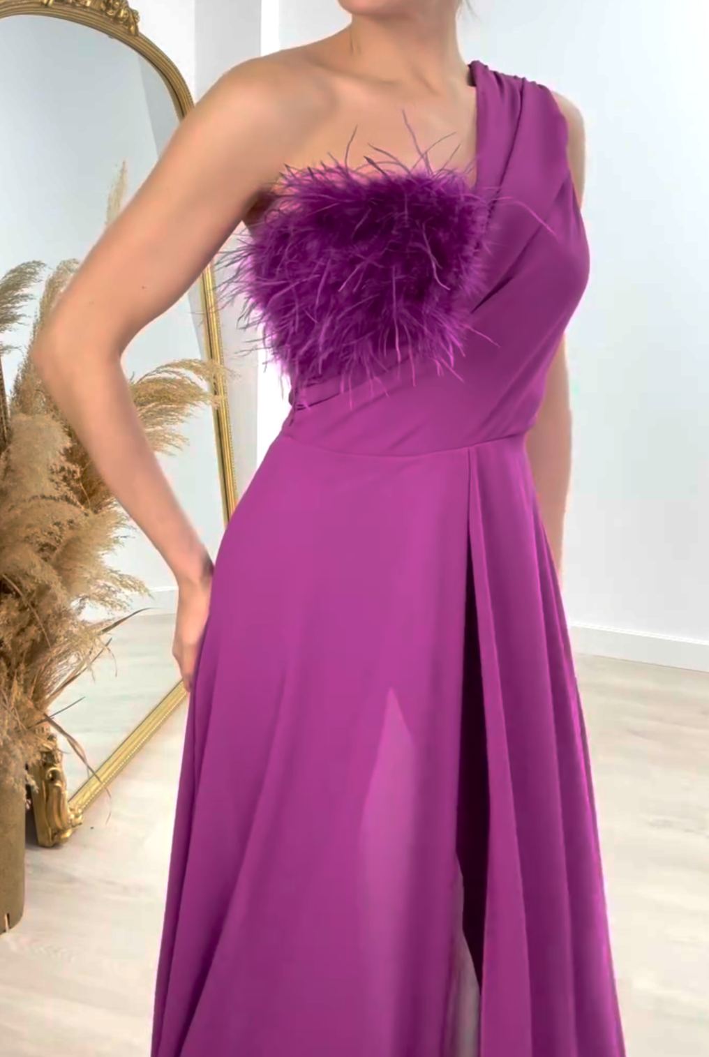 [Copy]Purple Satin High Neck Midi Dress with Ruched Waist & High Slit