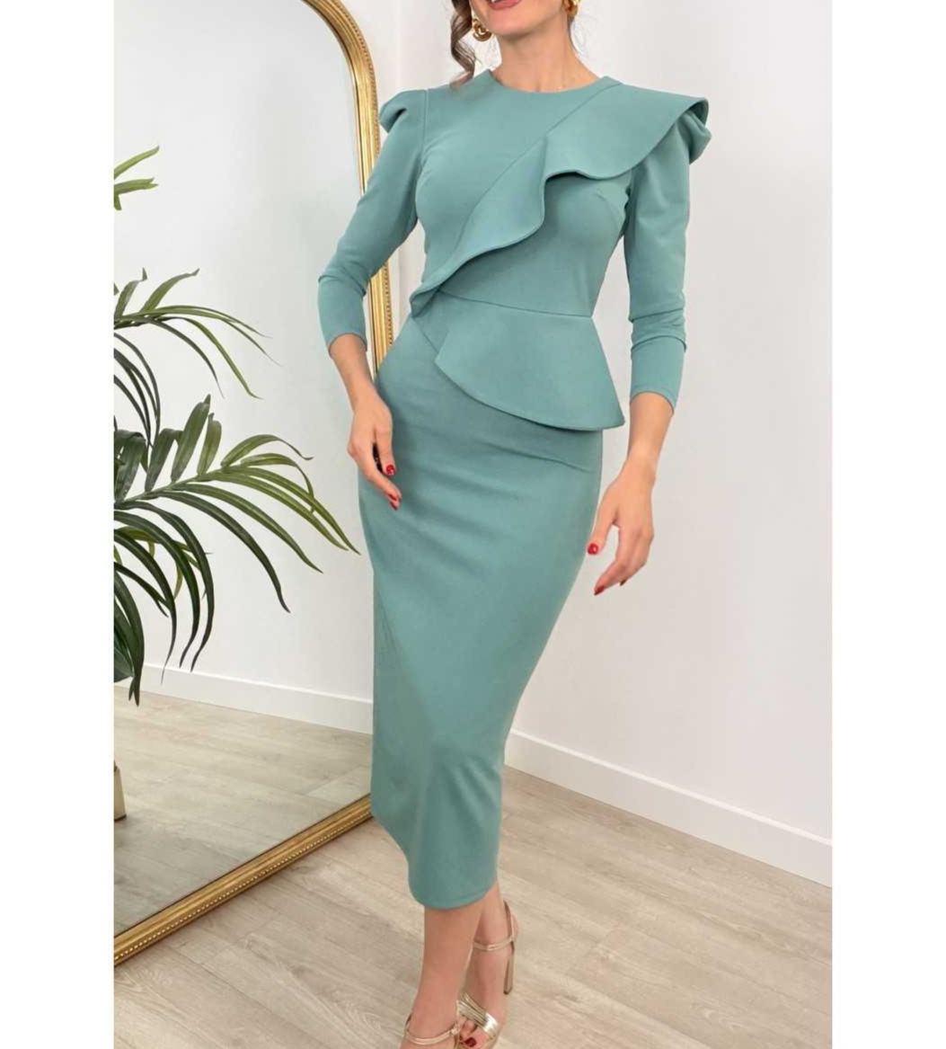 [Copy]Emerald Green Jacquard Midi Dress with Puffed Sleeves & Front Slit
