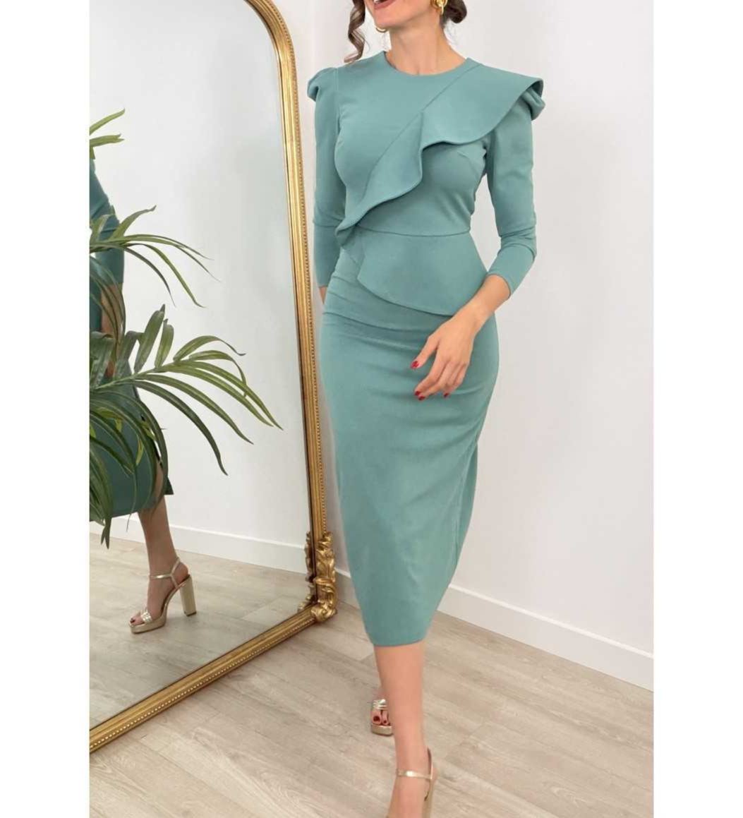 [Copy]Emerald Green Jacquard Midi Dress with Puffed Sleeves & Front Slit