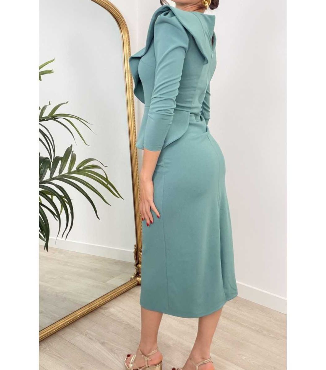 [Copy]Emerald Green Jacquard Midi Dress with Puffed Sleeves & Front Slit