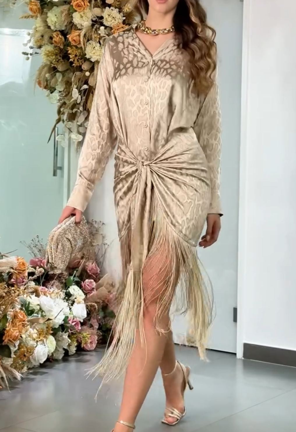 [Copy]Teal Satin Sleeveless Maxi Dress with Feather Trim & Cutout Waist