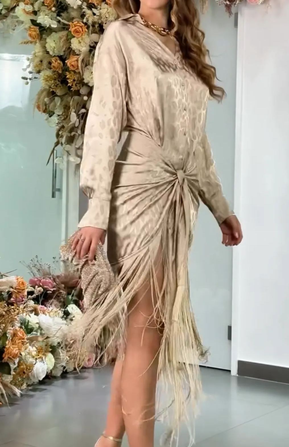 [Copy]Teal Satin Sleeveless Maxi Dress with Feather Trim & Cutout Waist