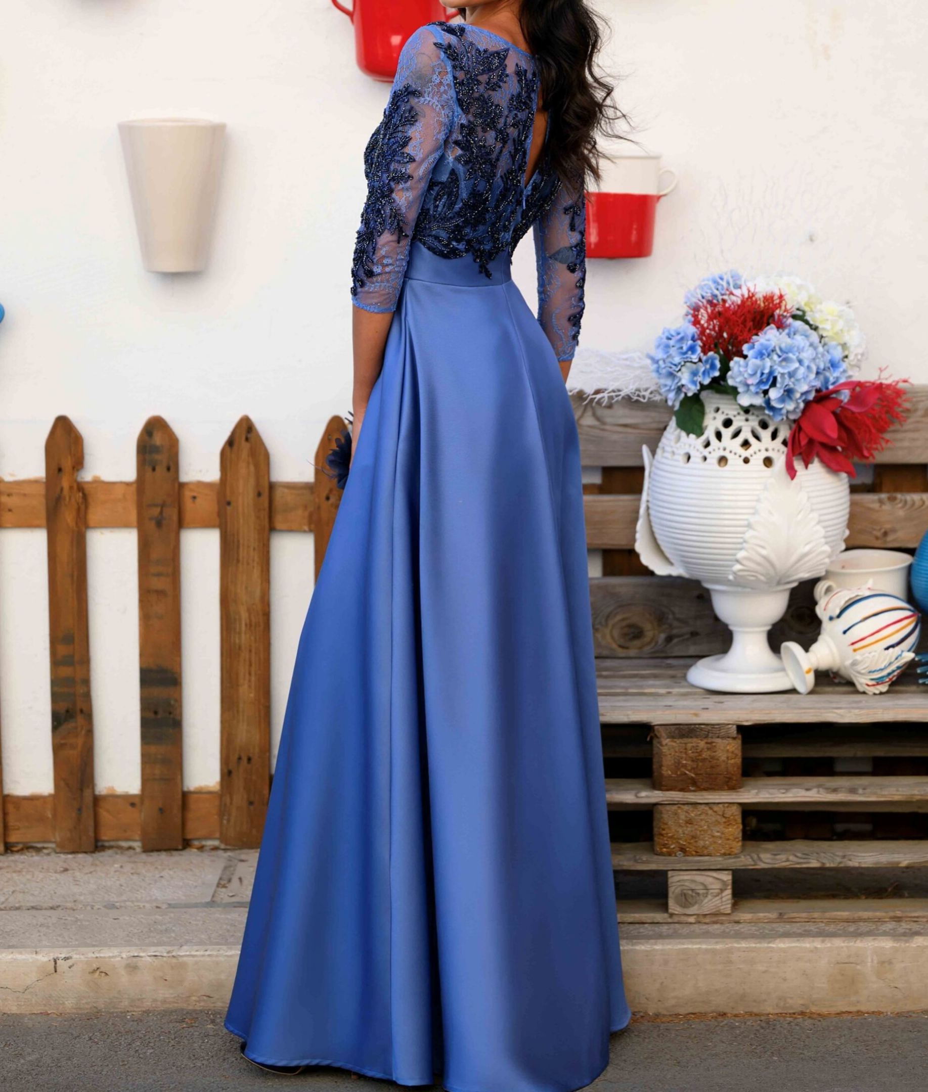 [Copy]Navy Blue Satin Maxi Dress with Lace Bodice & 3/4 Sleeves