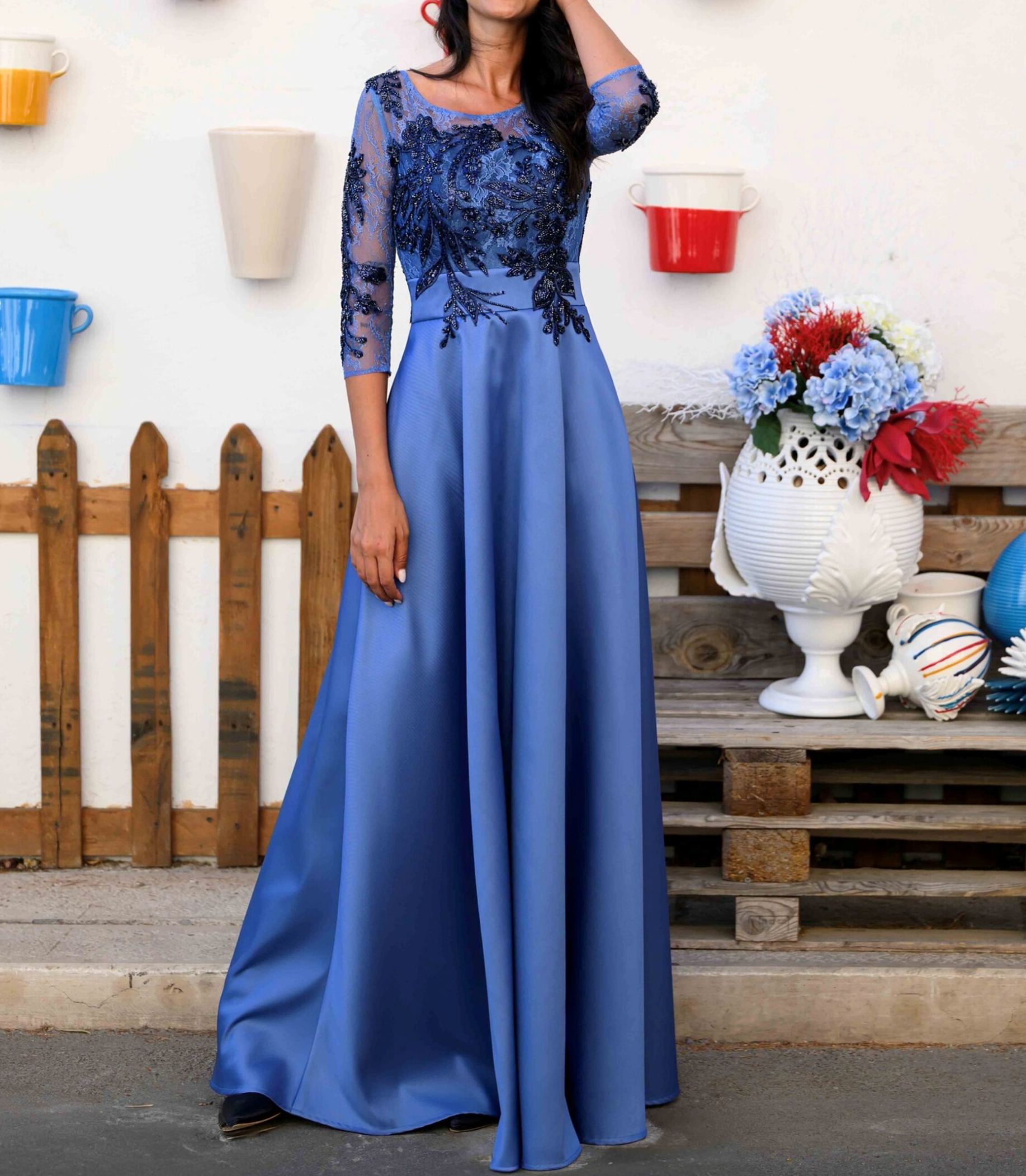 [Copy]Navy Blue Satin Maxi Dress with Lace Bodice & 3/4 Sleeves