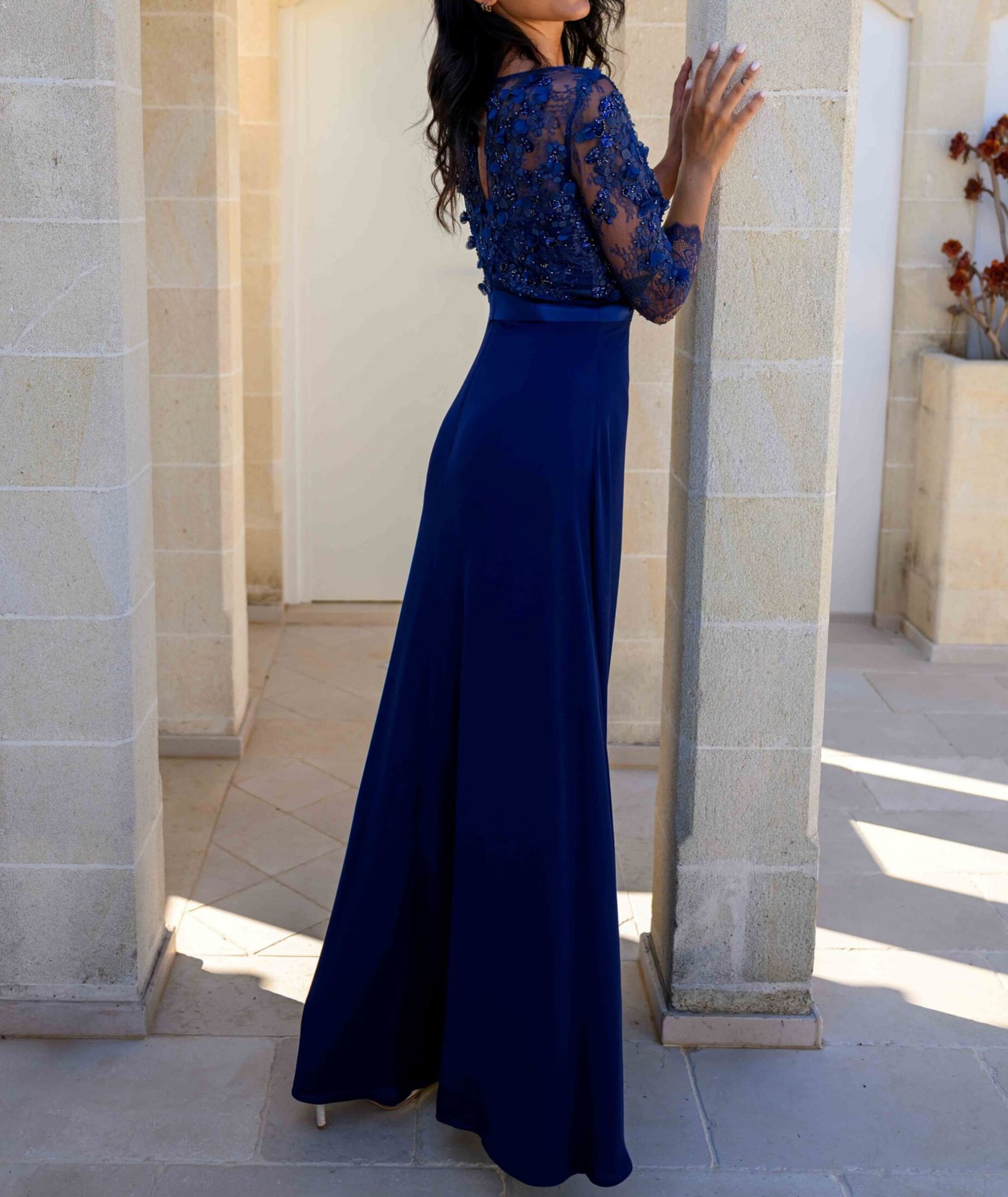 [Copy]Cornflower Blue Satin Maxi Dress with Beaded Lace Bodice & 3/4 Sleeves