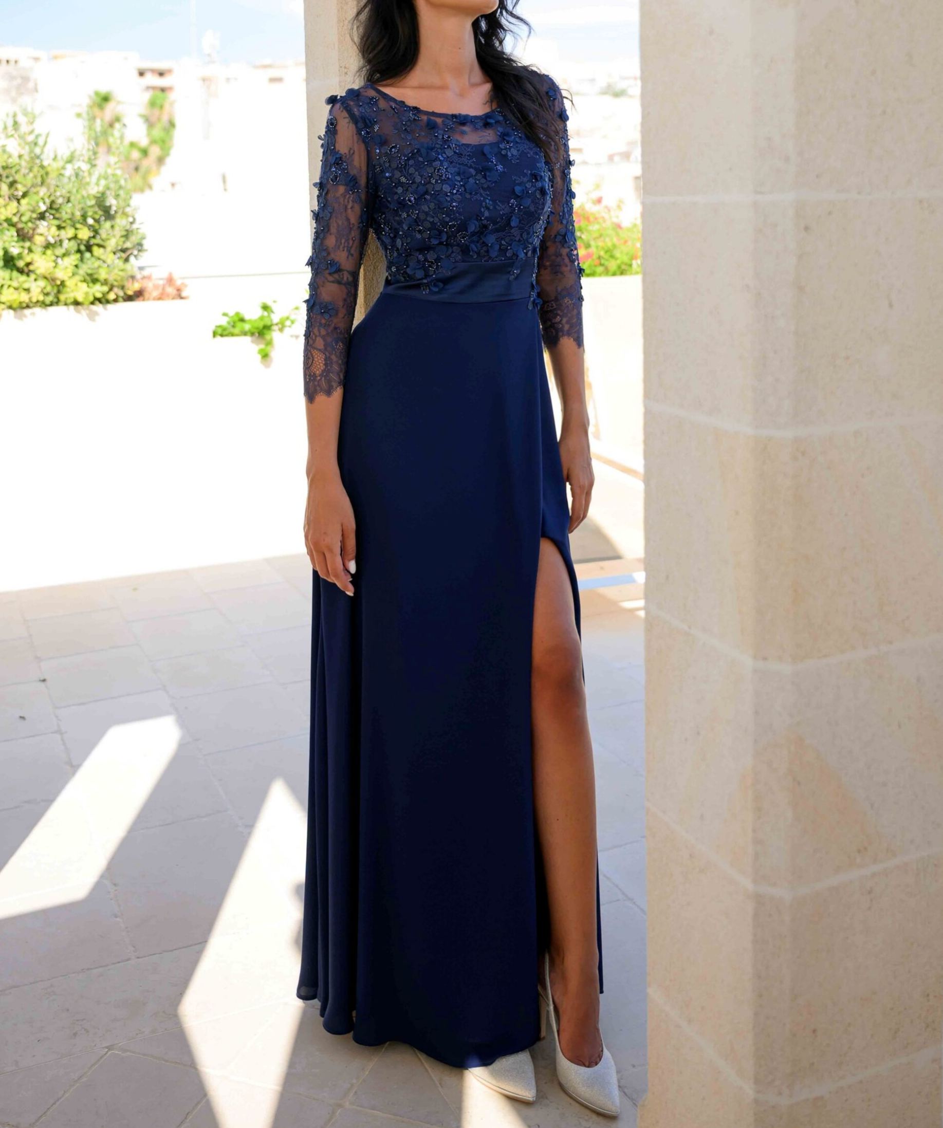 [Copy]Cornflower Blue Satin Maxi Dress with Beaded Lace Bodice & 3/4 Sleeves