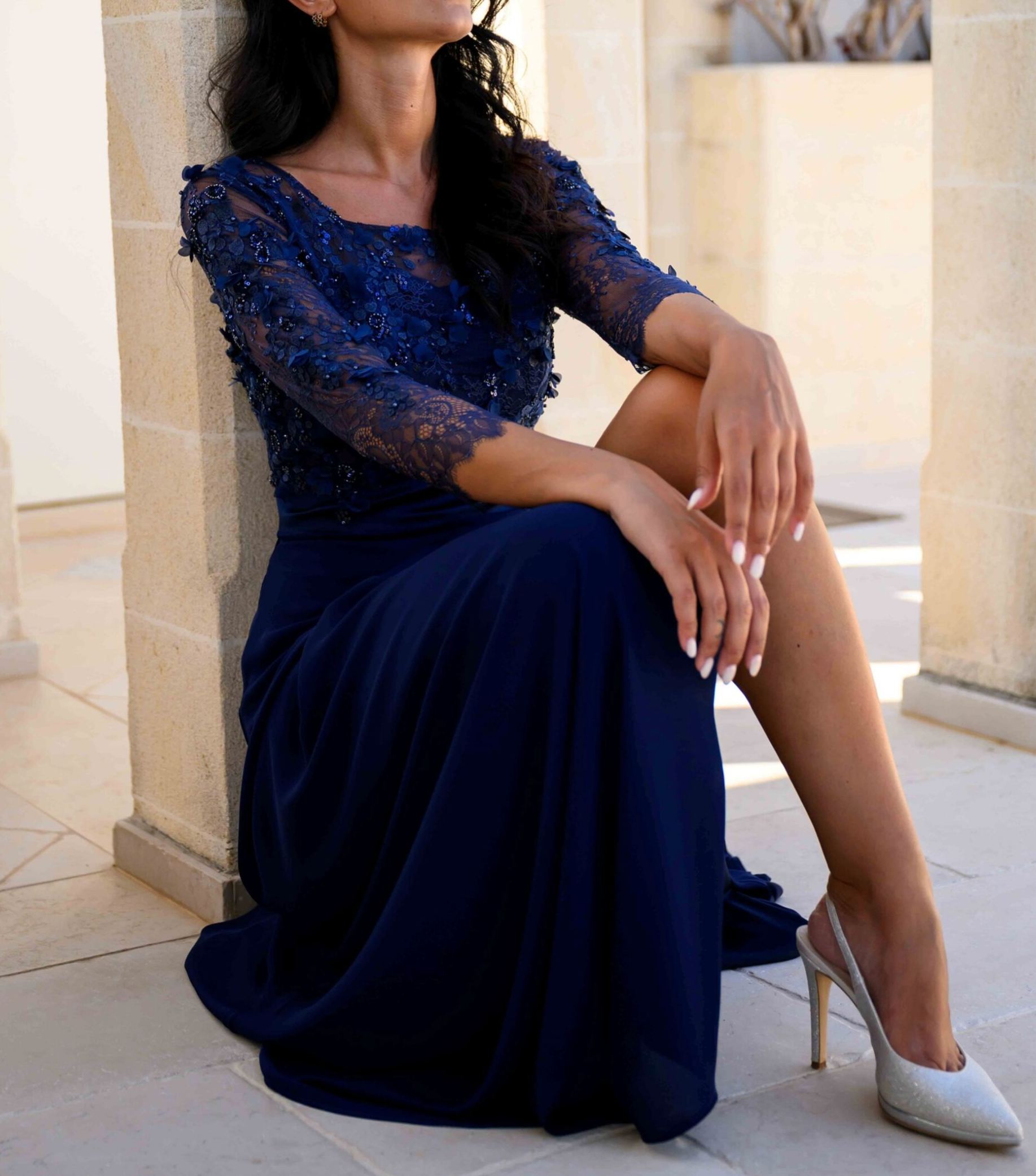 [Copy]Cornflower Blue Satin Maxi Dress with Beaded Lace Bodice & 3/4 Sleeves