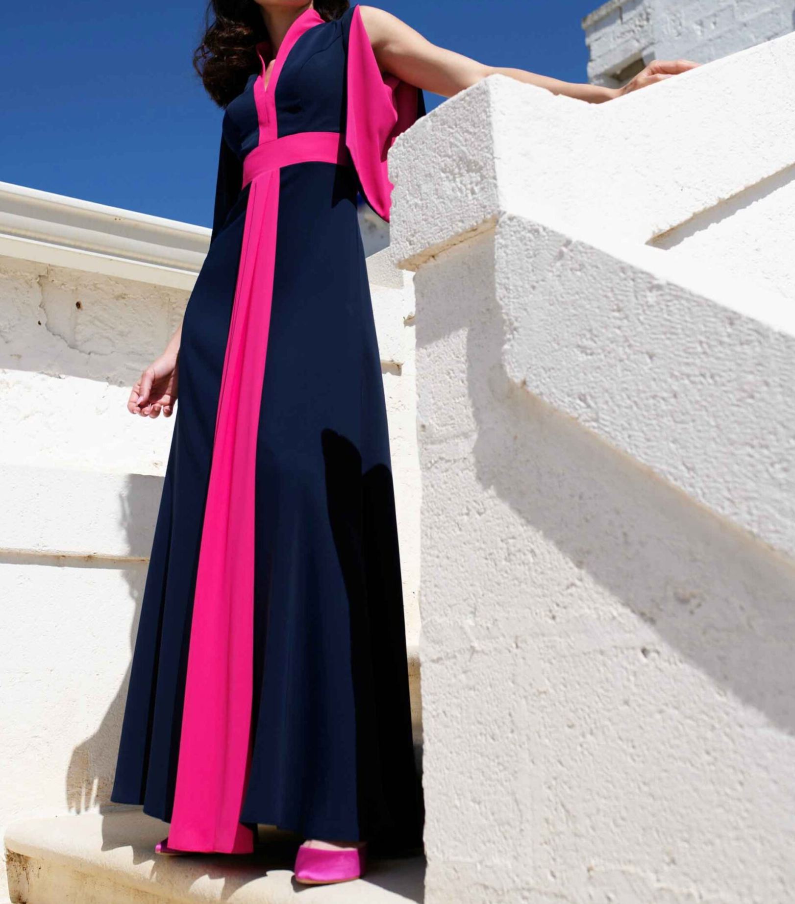 [Copy]Hot Pink Satin High-Low Maxi Dress with Boat Neck & Pockets