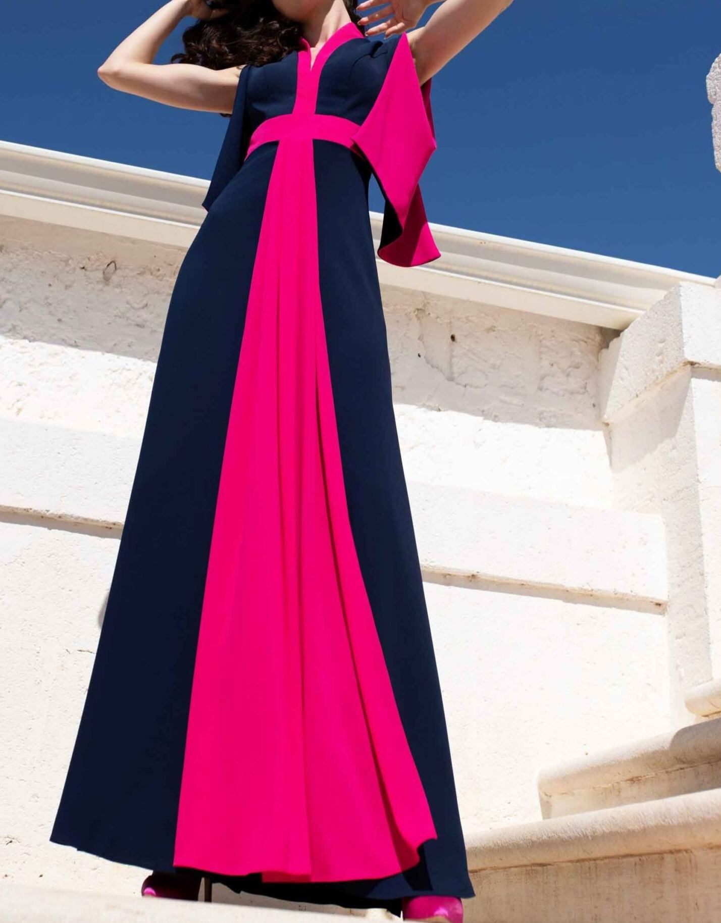 [Copy]Hot Pink Satin High-Low Maxi Dress with Boat Neck & Pockets