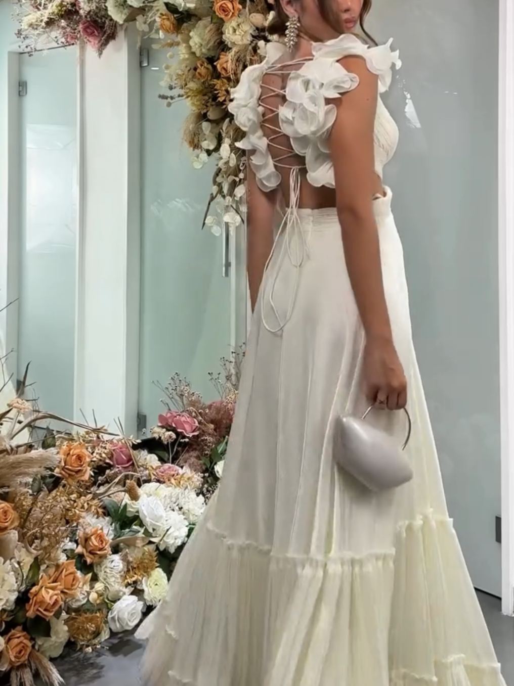 [Copy]Light Grey Satin Asymmetric Jumpsuit with Draped Cape Sleeve & Wide-Leg Pants