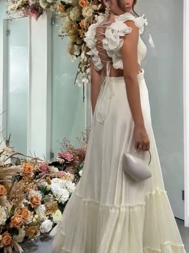 [Copy]Light Grey Satin Asymmetric Jumpsuit with Draped Cape Sleeve & Wide-Leg Pants