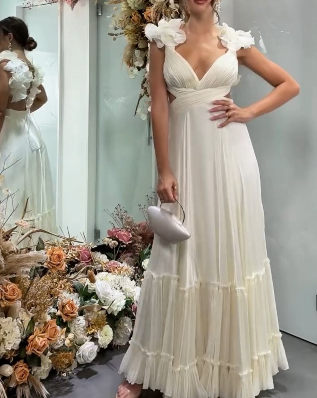 [Copy]Light Grey Satin Asymmetric Jumpsuit with Draped Cape Sleeve & Wide-Leg Pants