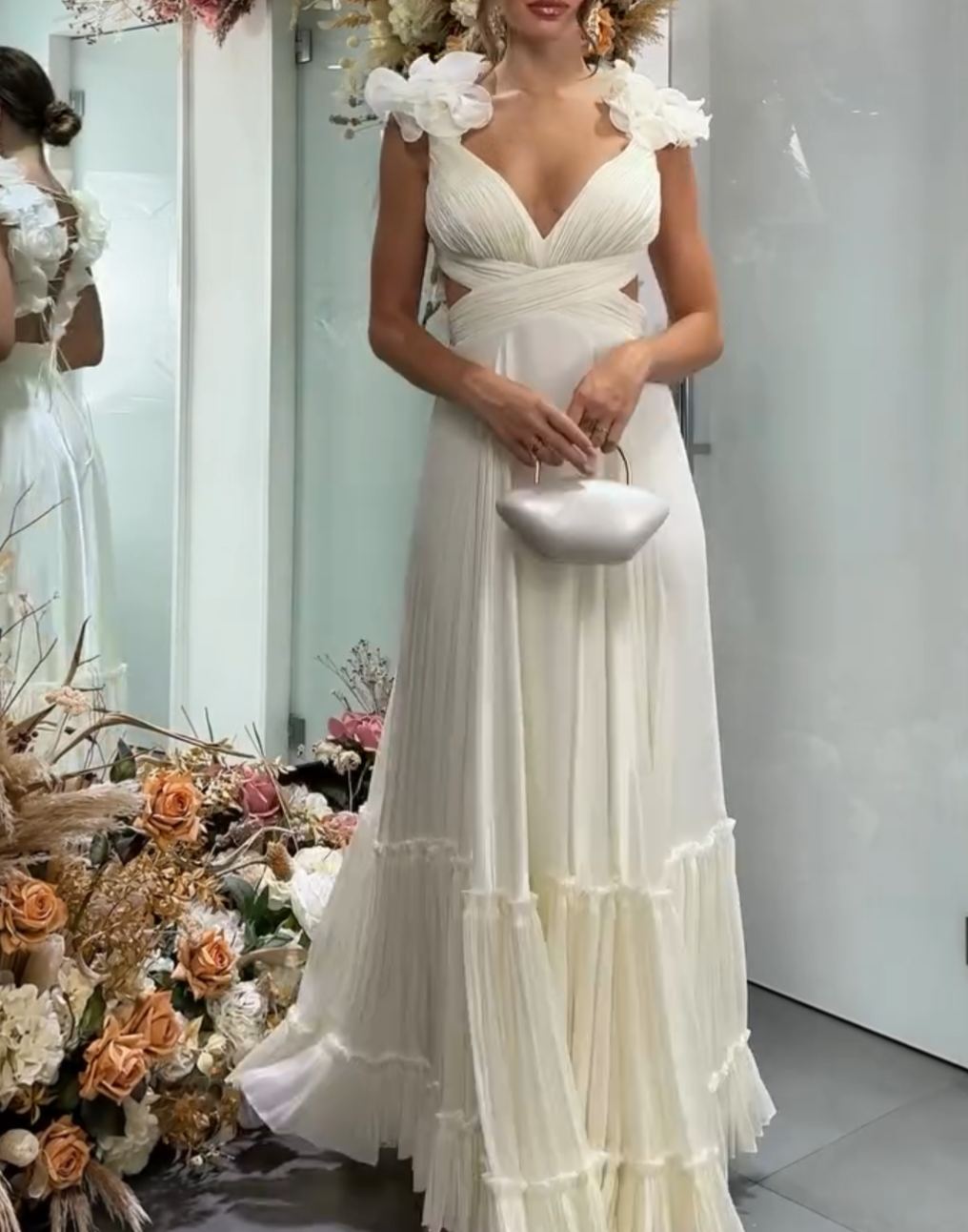 [Copy]Light Grey Satin Asymmetric Jumpsuit with Draped Cape Sleeve & Wide-Leg Pants