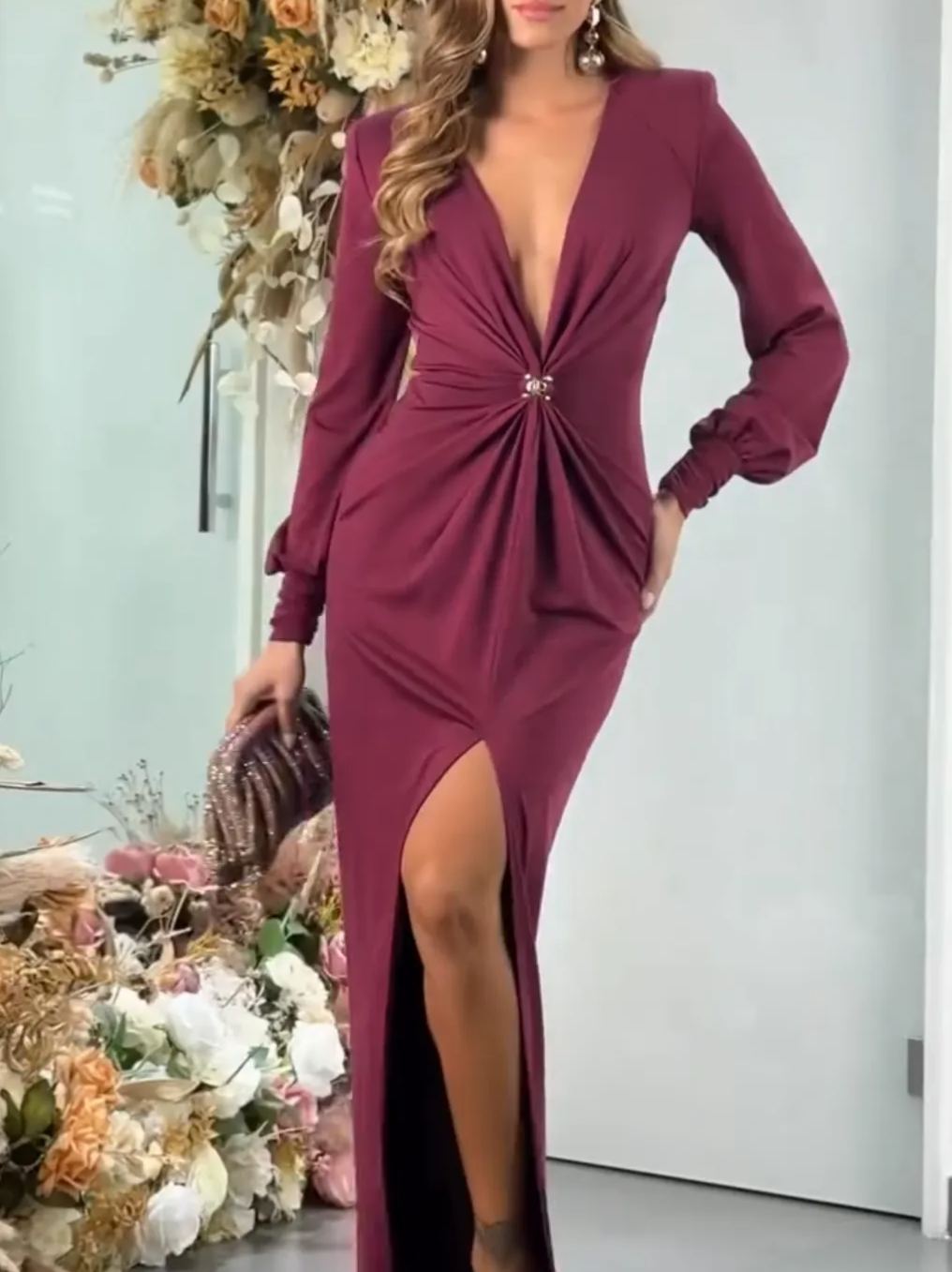 [Copy]White Pleated Maxi Dress with 3D Floral Shoulder & Cutout Waist