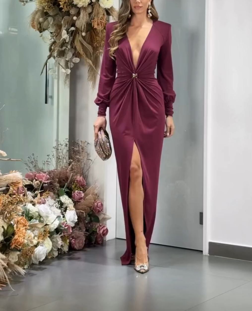 [Copy]White Pleated Maxi Dress with 3D Floral Shoulder & Cutout Waist