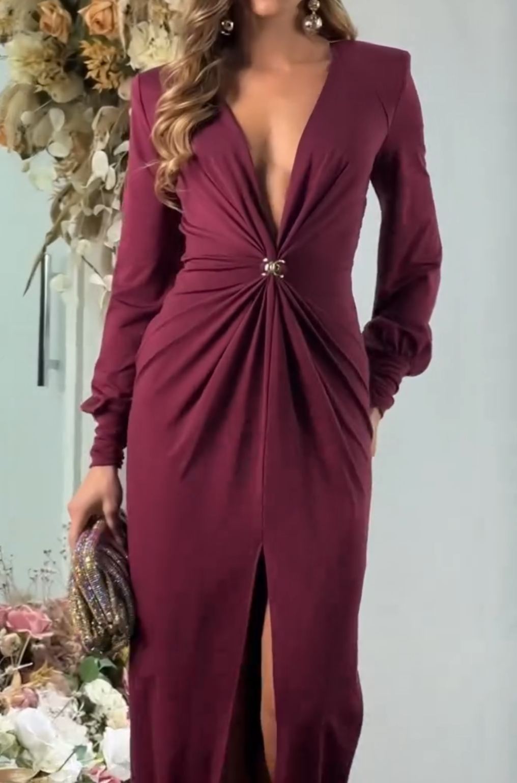 [Copy]White Pleated Maxi Dress with 3D Floral Shoulder & Cutout Waist