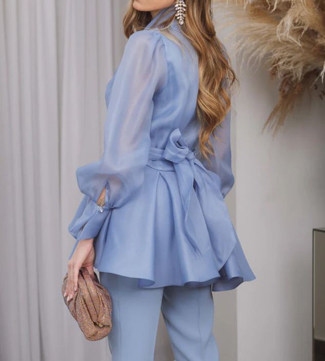 [Copy]Dusty Blue One-Shoulder Maxi Dress with Ruffle Skirt & 3D Flower Detail
